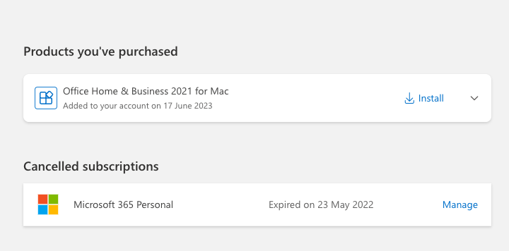 Microsoft account subscriptions page showing the claimed product and download options