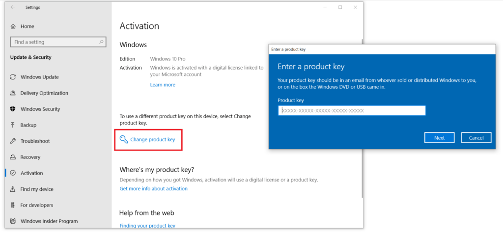 Windows Activation Settings screen showing where to enter product key