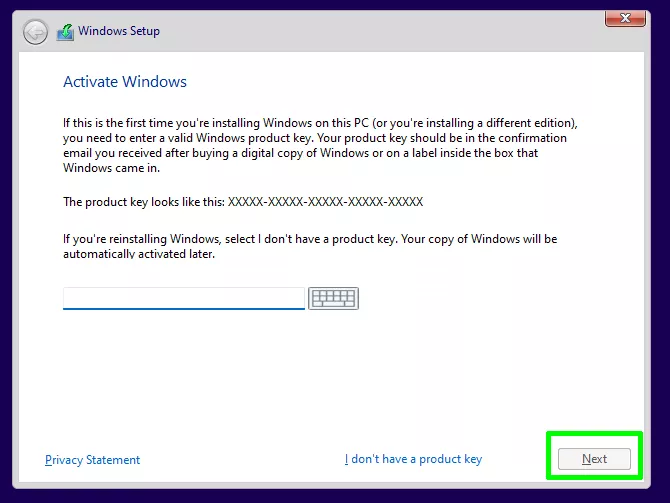 Windows Setup screen asking for product key